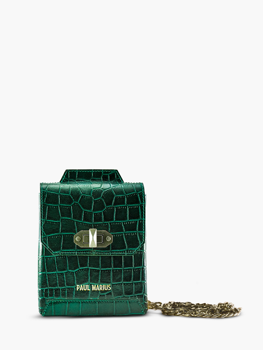 foto-vista-frontal-bolso-teléfono-cuero-mujer-agathe-alligator-verde-paul-marius-m70-a-dg