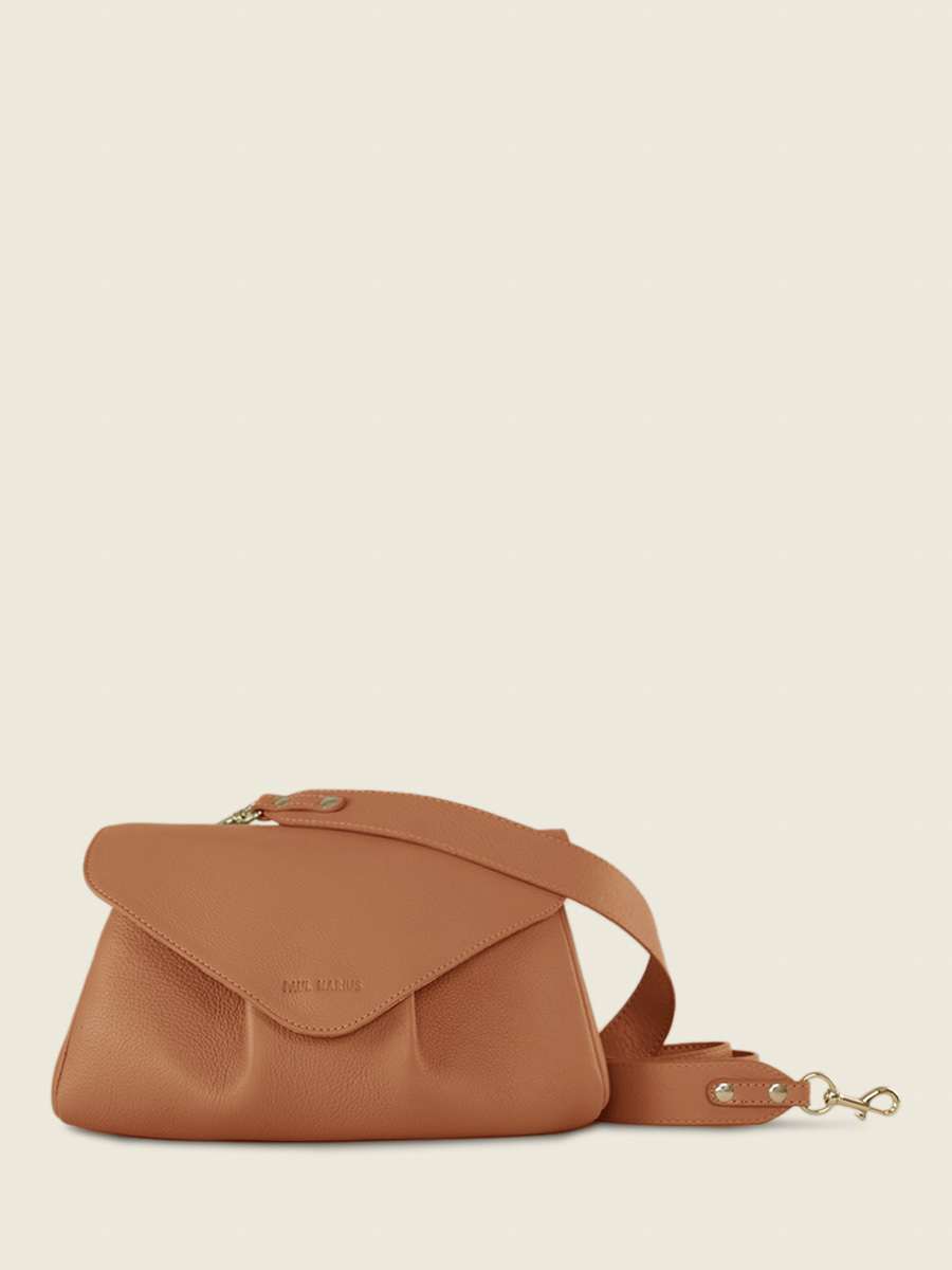 foto-vista-frontal-bolso-bandolera-cuero-marrón-suzon-m-art-deco-caramel-paul-marius-w25m-ad-ca