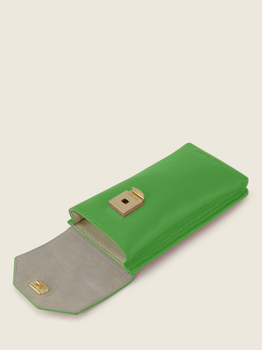 foto-vista-interior-bolso-teléfono-cuero-verde-eva-sorbet-kiwi-paul-marius-m71-sb-gr