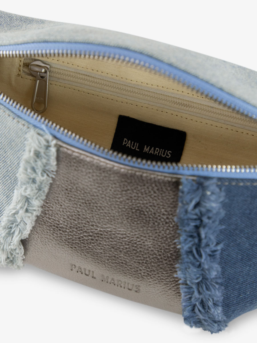 foto-vista-interior-bolso-riñonero-cuero-jean-plateado-mujer-labanane-denim-acier-paul-marius-m503-gm-denim