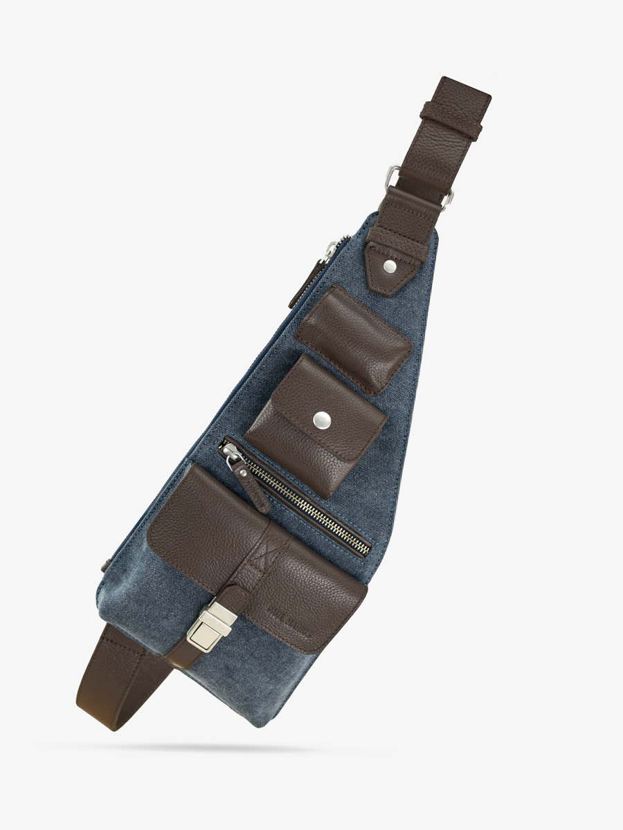bolso-bandolera-cuero-marrón-azul-LeHolster-cacao-lona-azul-vista-frontal-w62-odbr-bluc
