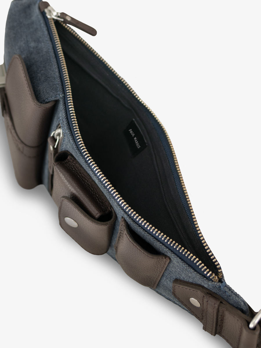 bolso-bandolera-cuero-marrón-azul-LeHolster-cacao-lona-azul-vista-interior-w62-odbr-bluc