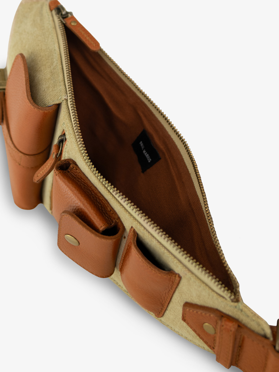 bolso bandolera de cuero marrón verde LeHolster coñac lona caqui vista interior w62 oco gc