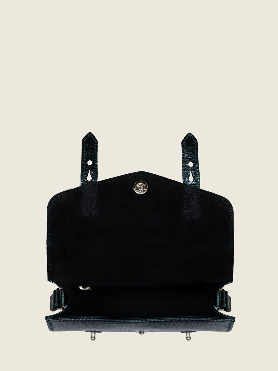 bolso bandolera de cuero verde brillante lemini indispensable medianoche vista interior w08s m gr