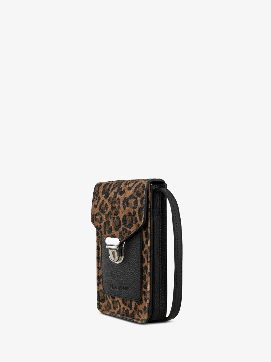 bolso-teléfono-cuero-leporte-teléfono-leopardo-negro-vista-lateral-m88-lp-b