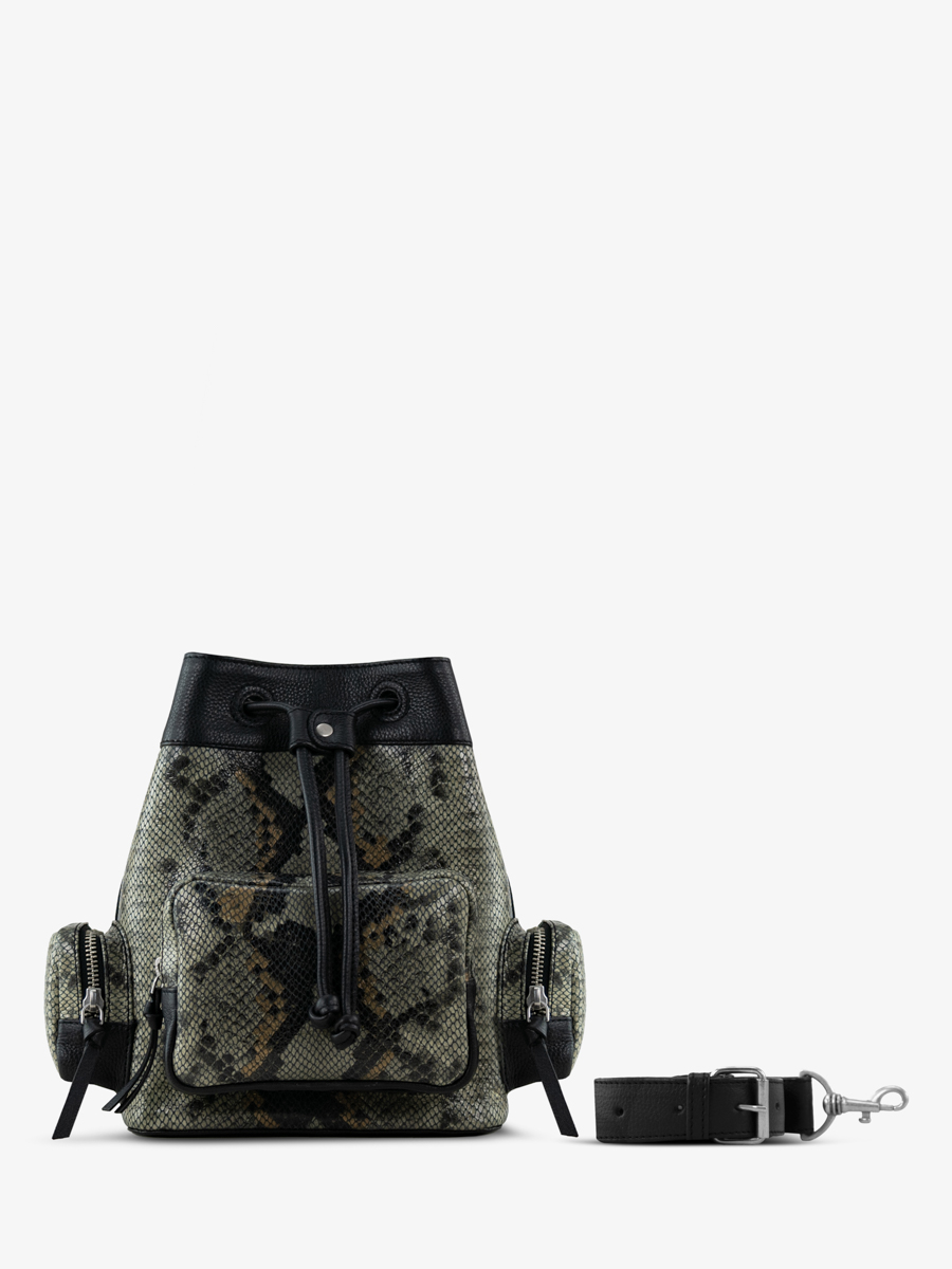 bolso-cubo-de-cuero-pitón-gris-negro-leseau-90s-pitón-vista-frontal-w57-p-gre-b