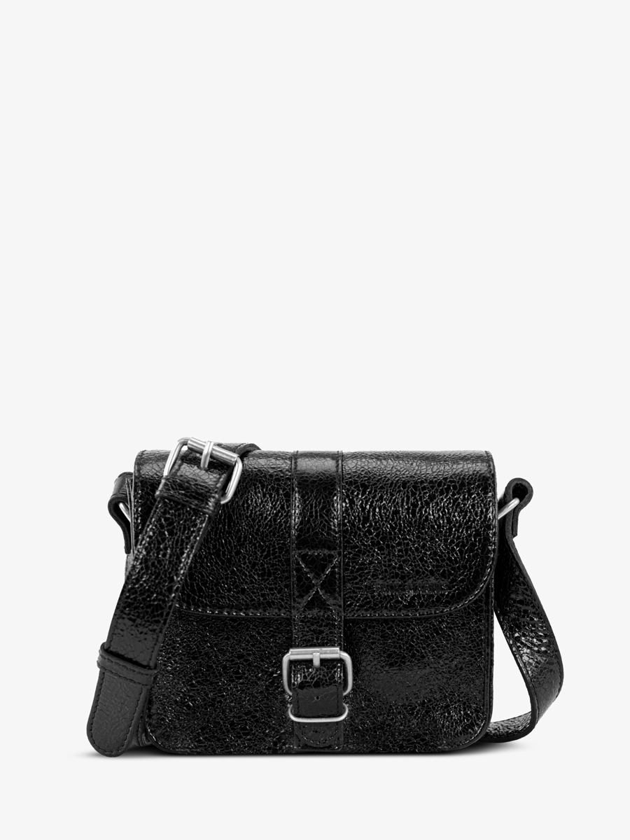 bolso-bandolera-pequeño-de-cuero-para-mujer-negro-brillante-lessentiel-eclipse-vista-frontal-m21-m-b