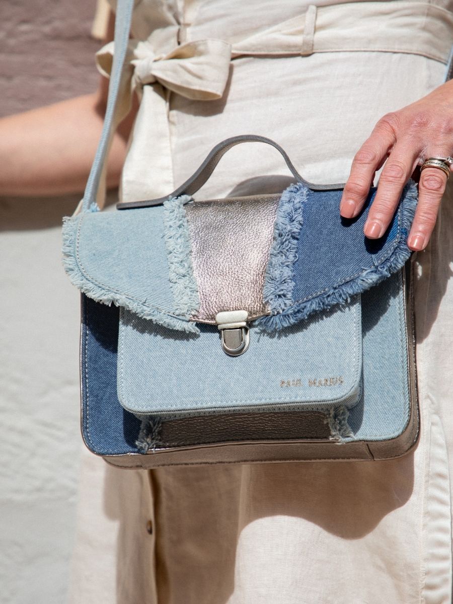 foto-vista-zoom-material-bolso-mano-cuero-jean-plateado-mujer-mademoiselle-george-denim-acier-paul-marius-w05-gm-denim