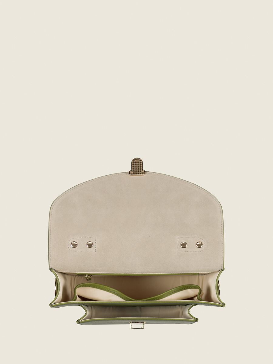 bolso bandolera de cuero mademoiselle george n2 verde oliva vista interior w105 gr-o