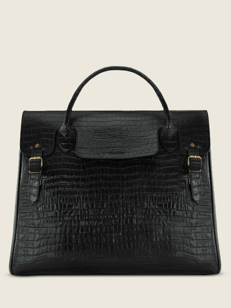 foto-vista-frontal-gran-bolsa-de-viaje-cuero-negro-rouen-delhi-heritage-negro-azabache-paul-marius-m105-cr-b