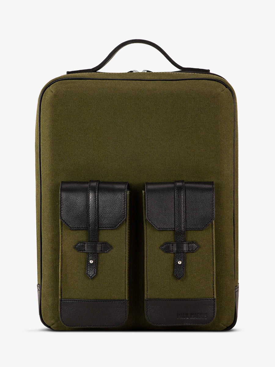 foto-vista-frontal-mochila-de-cuero-unisex-negro-caqui-urbain-negro-lona-caqui-paul-marius-b08-obl-gc