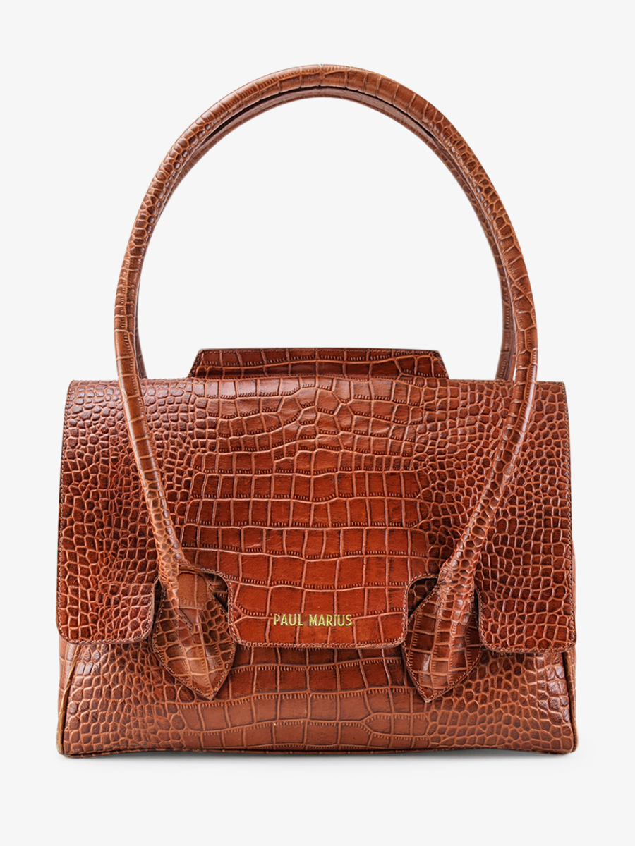 foto-vista-frontal-bolso-de-mano-de-cuero-para-mujer-marrón-colette-m-alligator-cocktail-ámbar-paul-marius-w28m-a-l