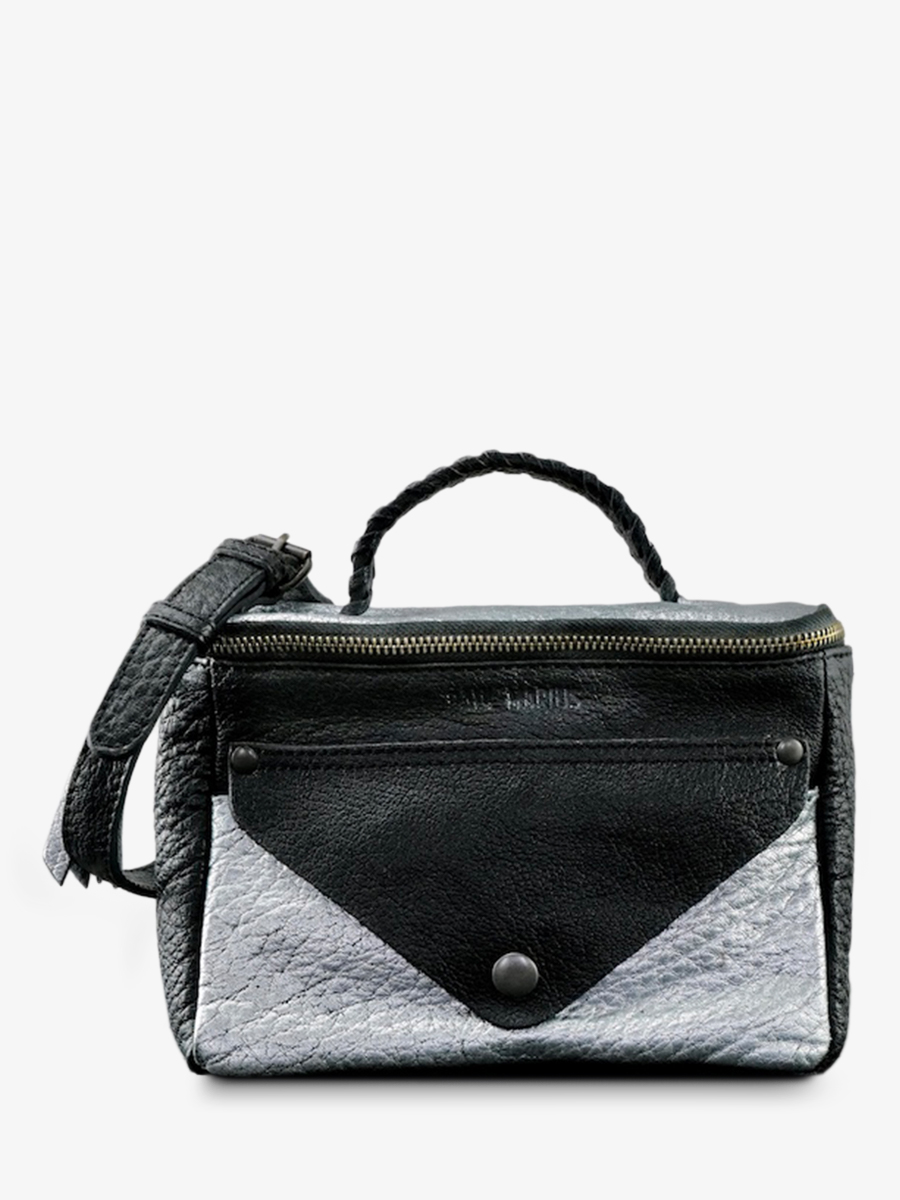 foto-vista-frontal-bolso-bandolera-cuero-mujer-plateado-negro-legavroche-reedition-argente-noir-paul-marius-w26-s-b