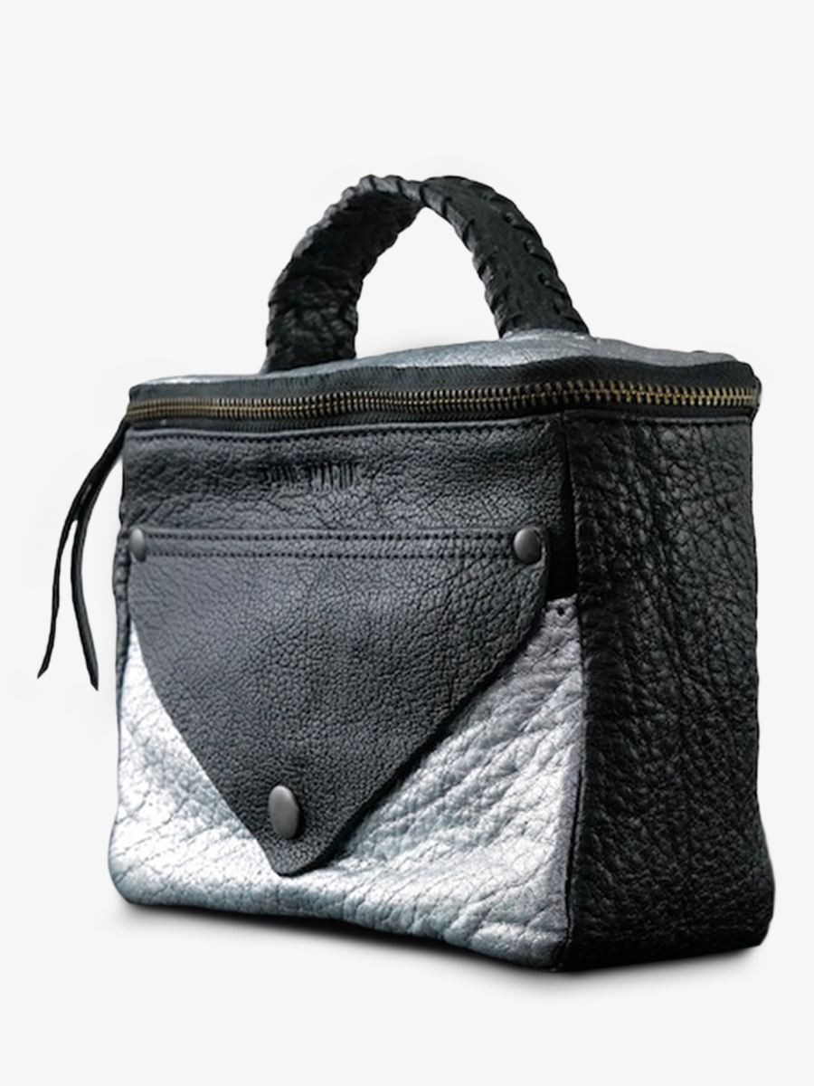 foto-vista-lateral-bolso-bandolera-cuero-mujer-plateado-negro-legavroche-reedition-argente-noir-paul-marius-w26-s-b