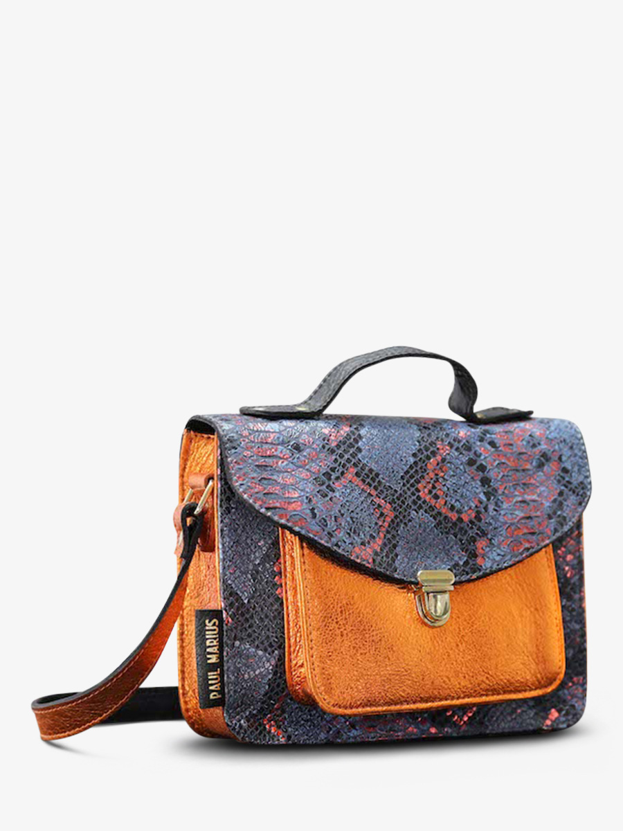 foto-vista-lateral-bolso-bandolera-cuero-mujer-azul-naranja-mademoiselle-george-pitón-abismo-naranja-metalizado-paul-marius-w05-p-ab-mco