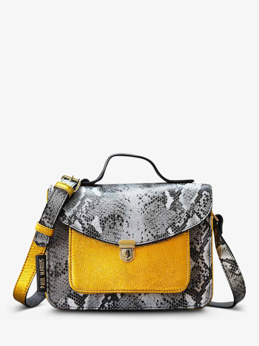 foto-vista-frontal-bolso-bandolera-cuero-mujer-gris-amarillo-mademoiselle-george-pitón-granito-amarillo-metalizado-paul-marius-w05-p-w-mcy