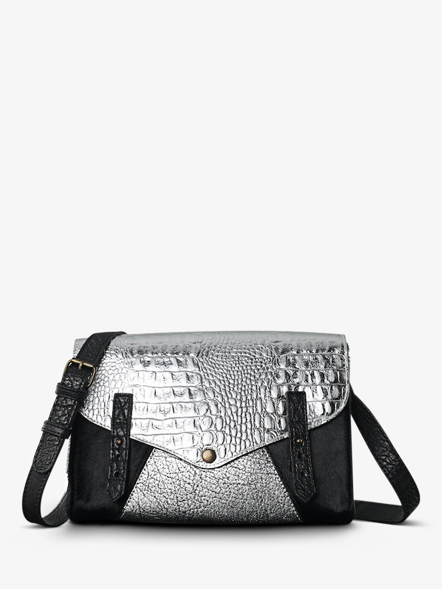 foto-vista-frontal-bolso-bandolera-cuero-mujer-plateado-negro-lindispensable-caiman-plateado-negro-paul-marius-w08-c-s-b