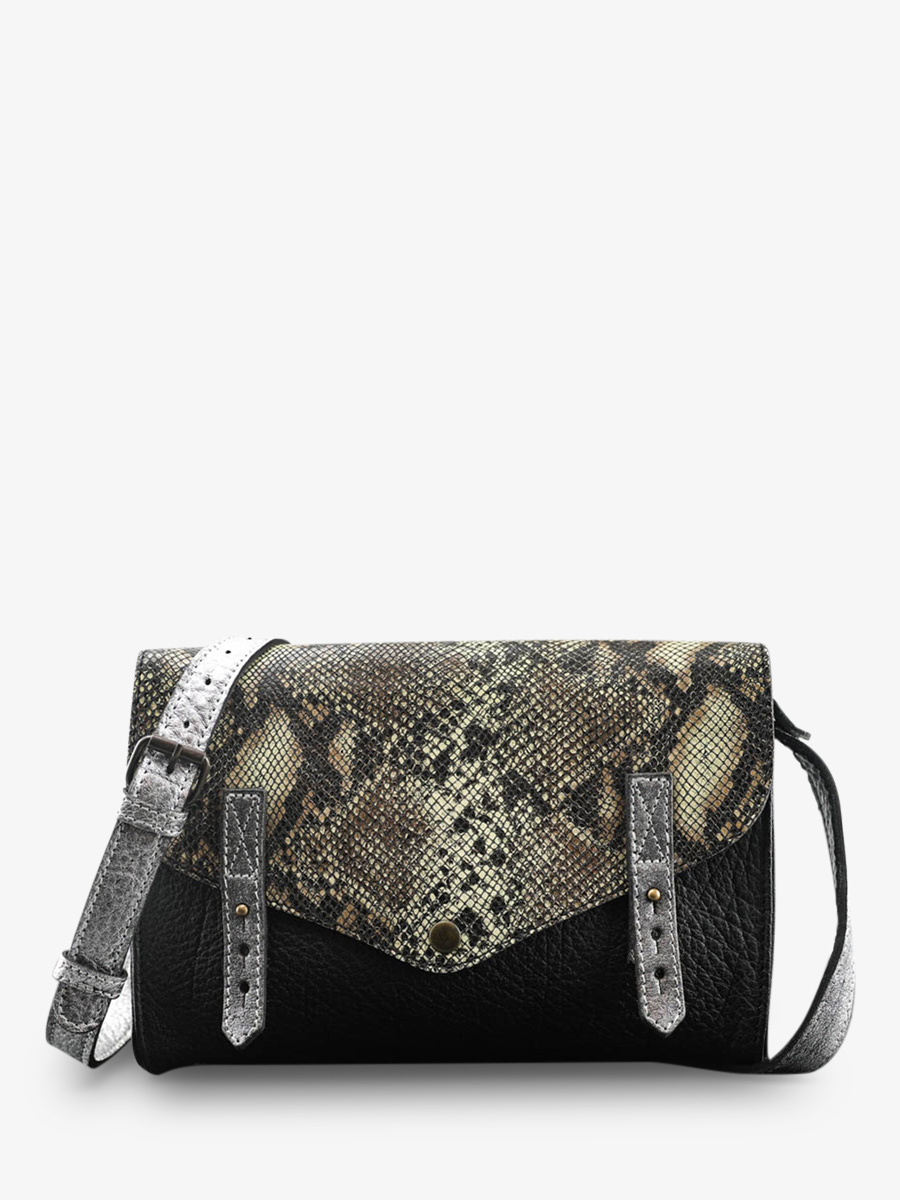foto-vista-frontal-bolso-bandolera-cuero-mujer-plateado-negro-lindispensable-pitón-plateado-negro-paul-marius-w08-p-s-b