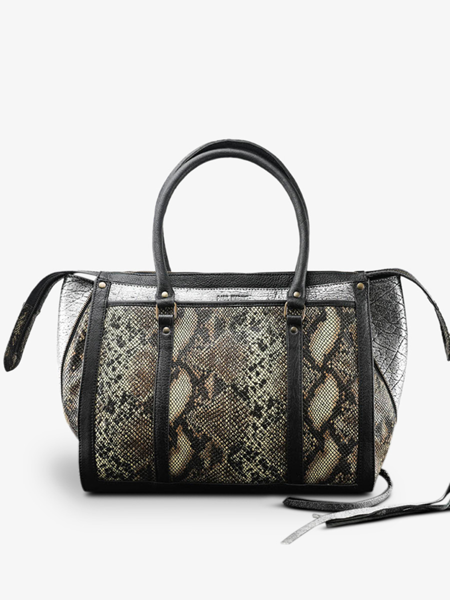 foto-vista-frontal-bolso-de-mano-cuero-mujer-plateado-negro-lerive-droite-m-pitón-plateado-negro-paul-marius-w19m-p-s-b