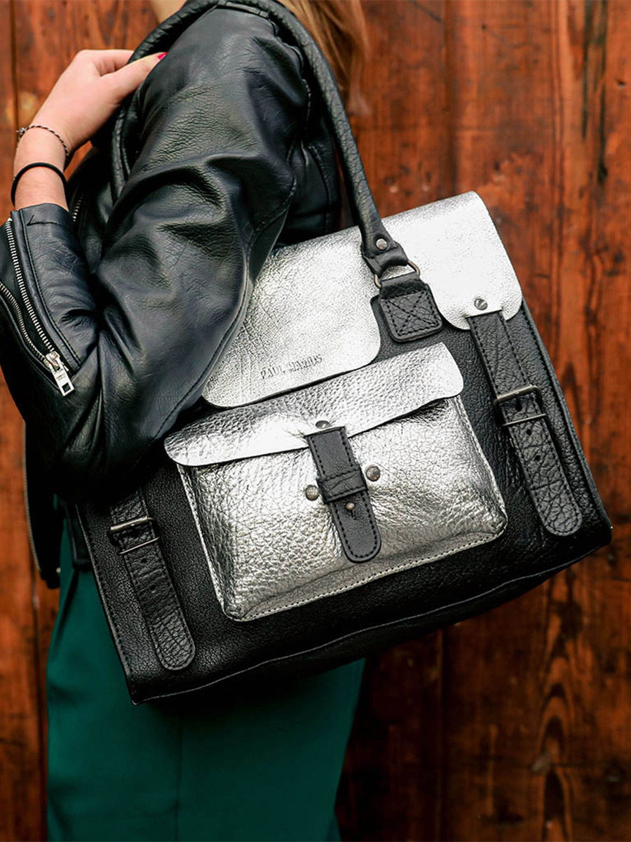 foto-vista-frontal-bolso-bandolera-cuero-mujer-plateado-negro-lerive-gauche-m-plateado-negro-paul-marius-w01m-s-b