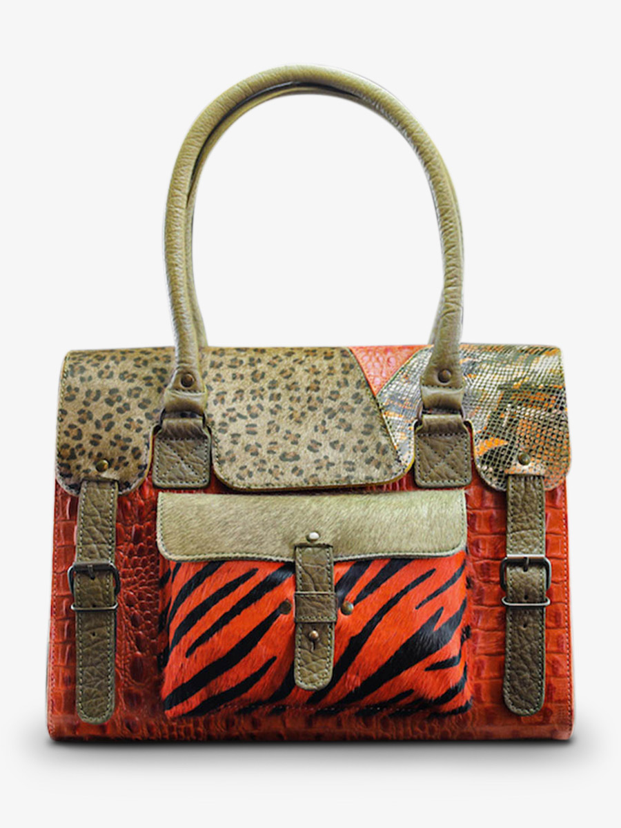 foto-vista-frontal-bolso-bandolera-cuero-mujer-naranja-verde-lerive-gauche-m-chimere-naranja-caqui-paul-marius-w01m-ch-o-k