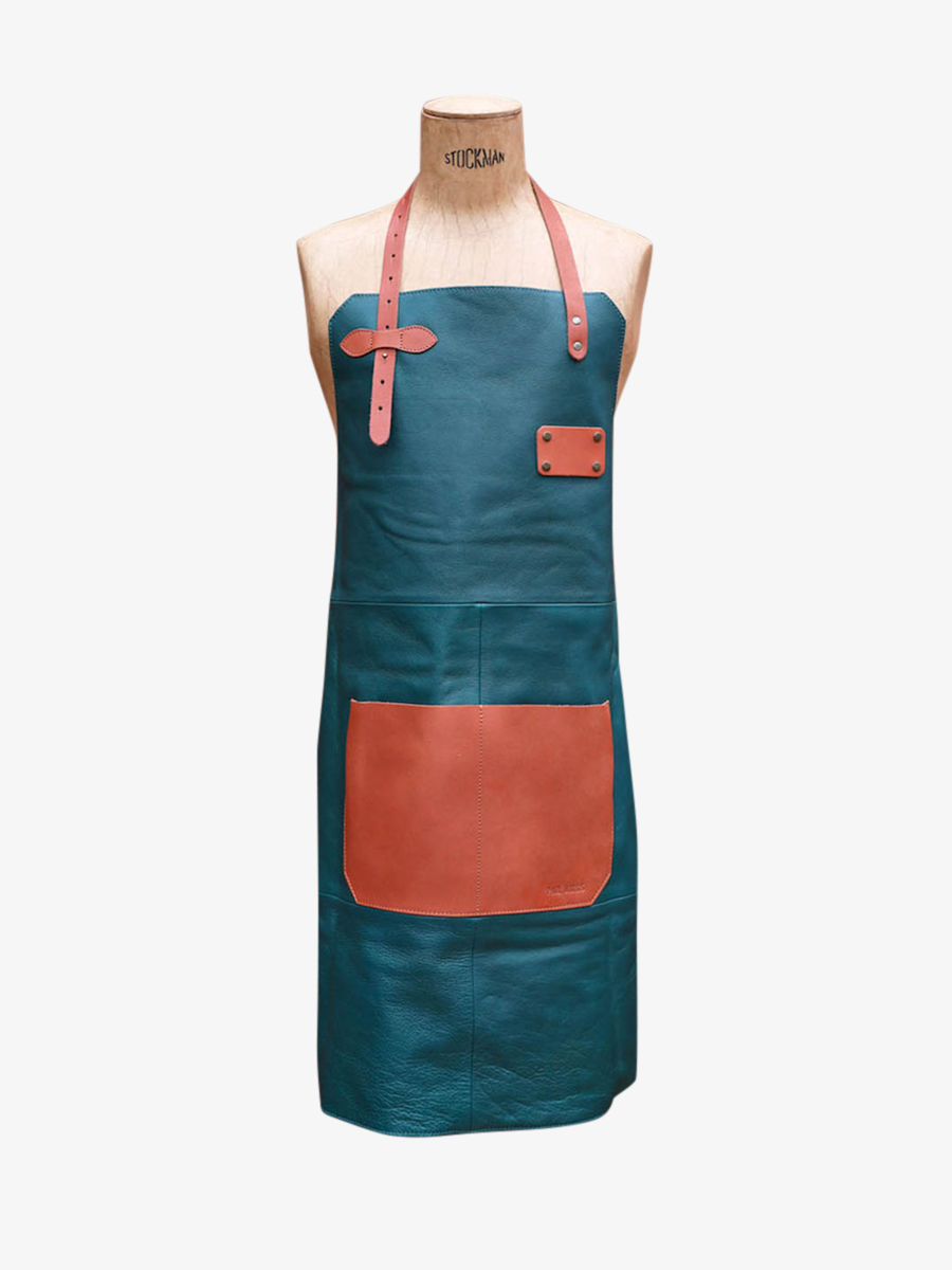 foto-del-delantal-de-cuero-para-jardinería-verde-azul-letablier-en-cuir-cobalt-paul-marius-apron-leather-db