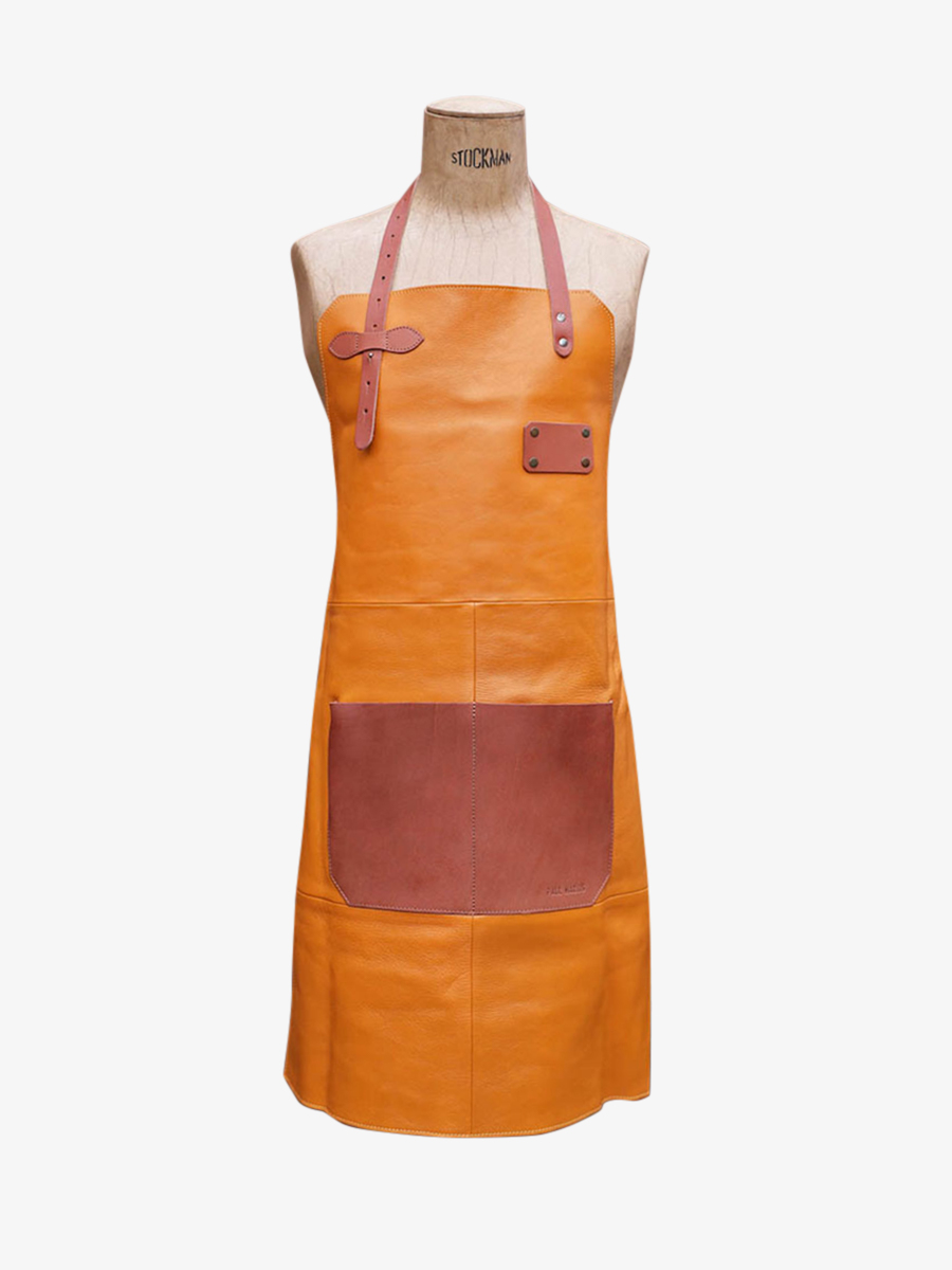 foto-del-delantal-de-cuero-para-jardinería-amarillo-letablier-en-cuir-safran-paul-marius-apron-leather-y