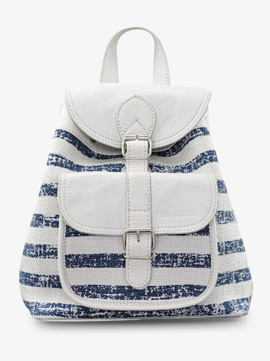 foto-vista-frontal-mochila-de-cuero-mujer-azul-blanco-lebaroudeur-côte-ouest-mariniere-paul-marius-m40-cnv-blu-w