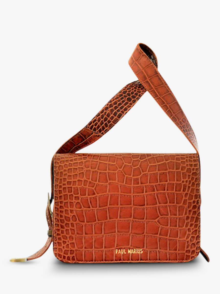 foto-vista-frontal-bolso-bandolera-cuero-mujer-marrón-lebaguette-alligator-cocktail-ámbar-paul-marius-w29-a-l