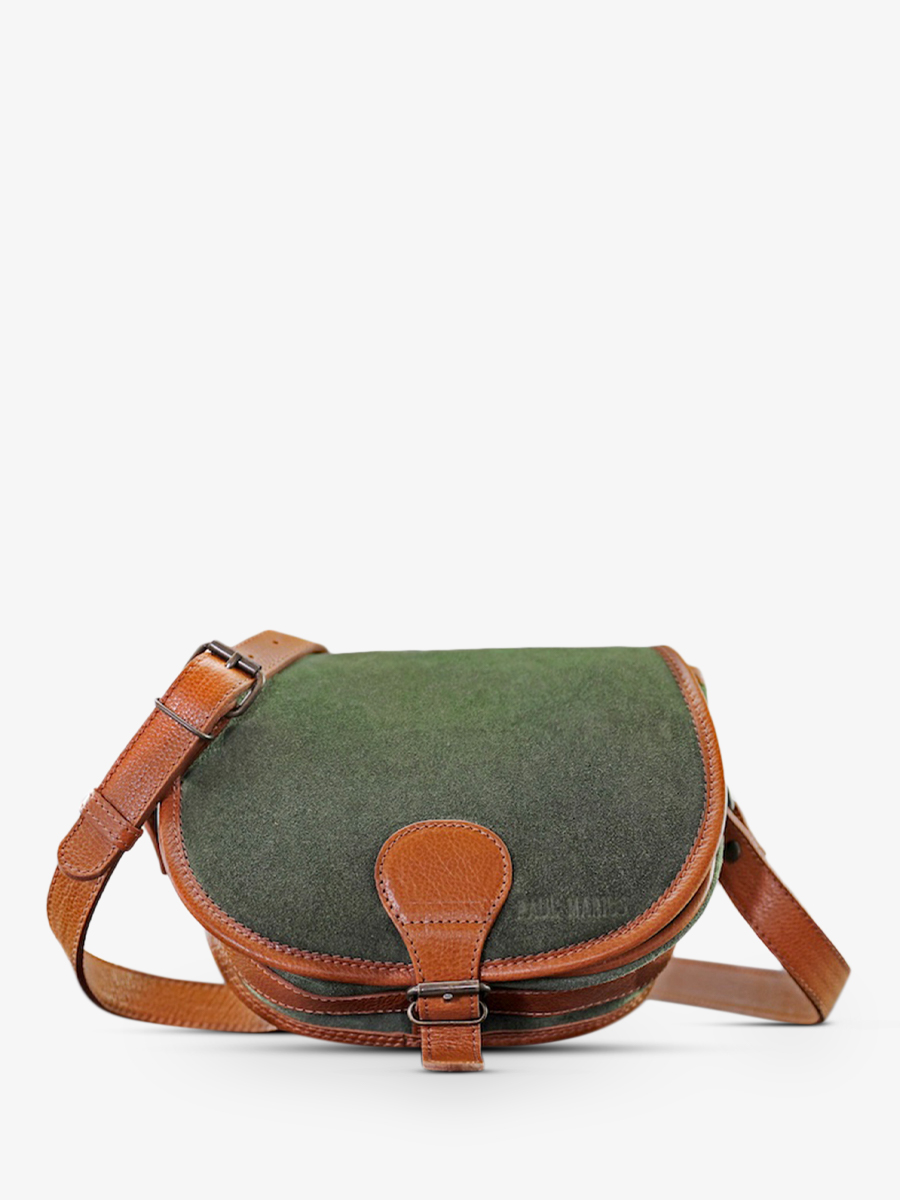 foto-vista-frontal-bolso-bandolera-cuero-mujer-marrón-verde-pampa-paul-marius-lebohemien