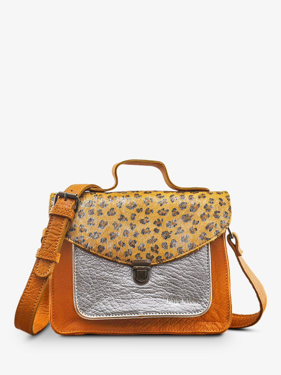 foto-vista-frontal-bolso-bandolera-cuero-mujer-amarillo-plateado-mademoiselle-george-leopard-safran-argente-paul-marius-w05-lp-y-s