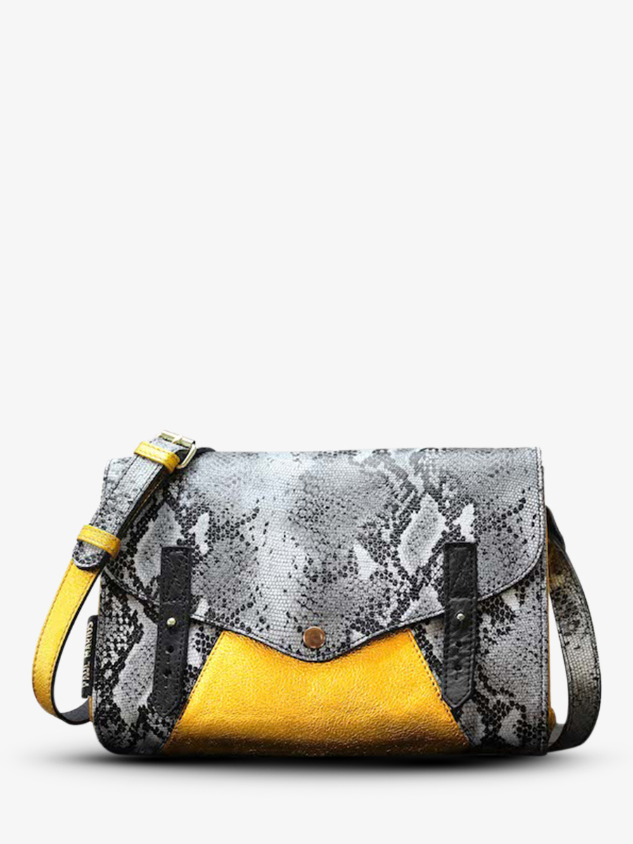 foto-vista-frontal-bolso-bandolera-cuero-mujer-gris-amarillo-imprescindible-pitón-granito-amarillo-metalizado-paul-marius-w08-p-w-mcy